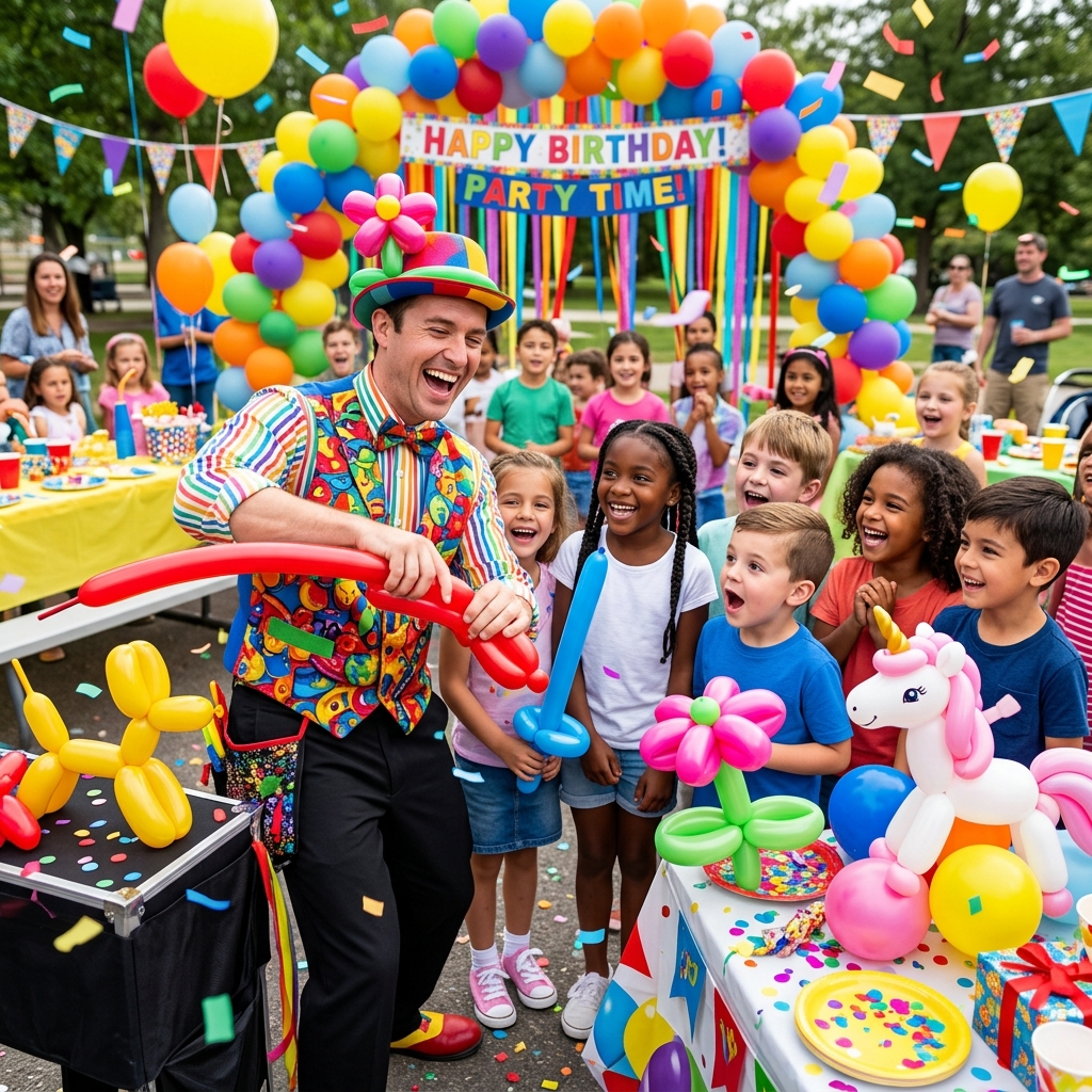 Balloonatic Bruce twisting balloon animals at a children's birthday party in Melbourne