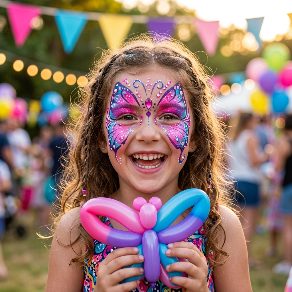 Happy child with butterfly face paint holding a balloon animal