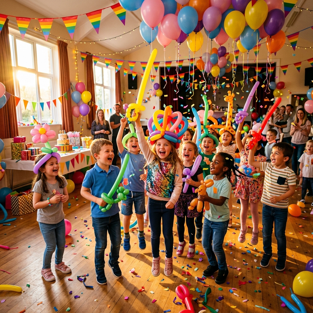 Happy children celebrating at a balloon party with Balloonatic Bruce