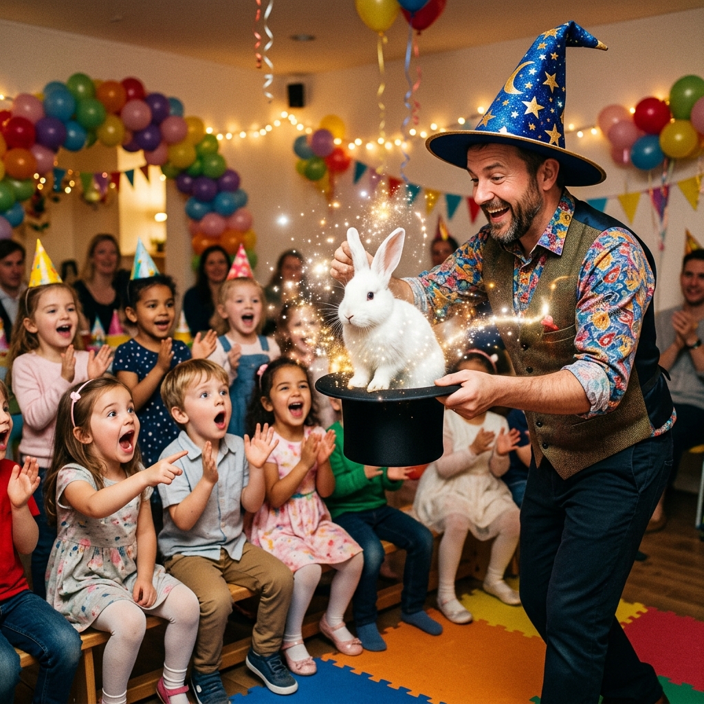 Bruce performing an amazing magic trick with excited children watching